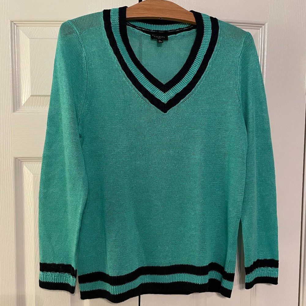 Talbots Sweater, Green and Navy Linen, size MP